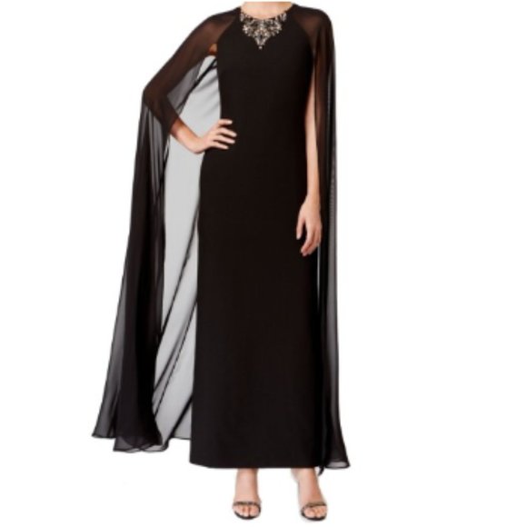 vince camuto chiffon cape dress Beaded Neckline Capelet Gown (Women)